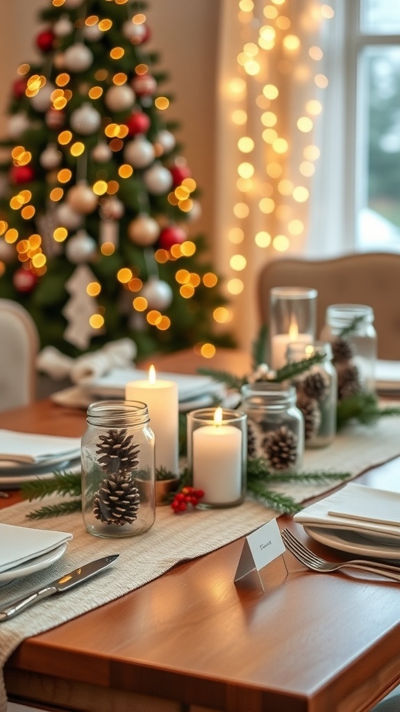 A festive Christmas table with DIY decorations, including a table runner, centerpieces, and place cards.